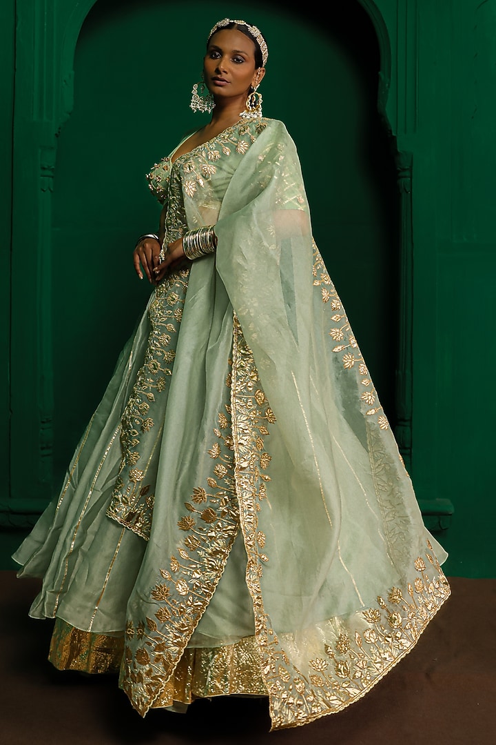 Sage Green Organza Applique Embroidered Wedding Lehenga Set by Charu Makkar at Pernia's Pop Up Shop