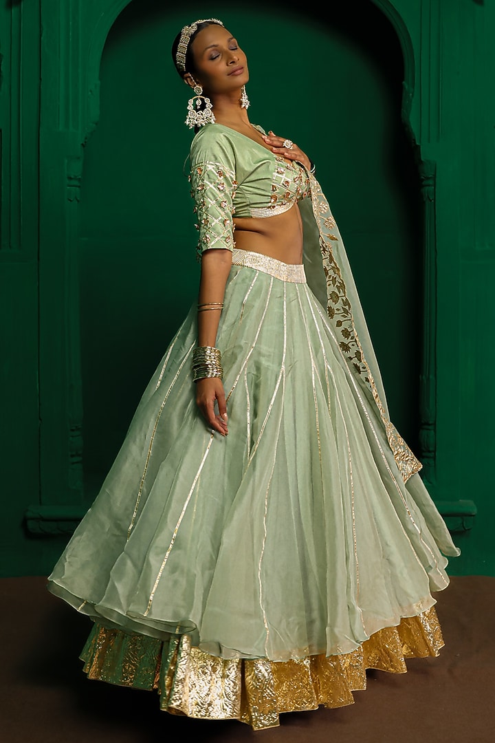 Sage Green Organza Applique Embroidered Wedding Lehenga Set by Charu Makkar at Pernia's Pop Up Shop