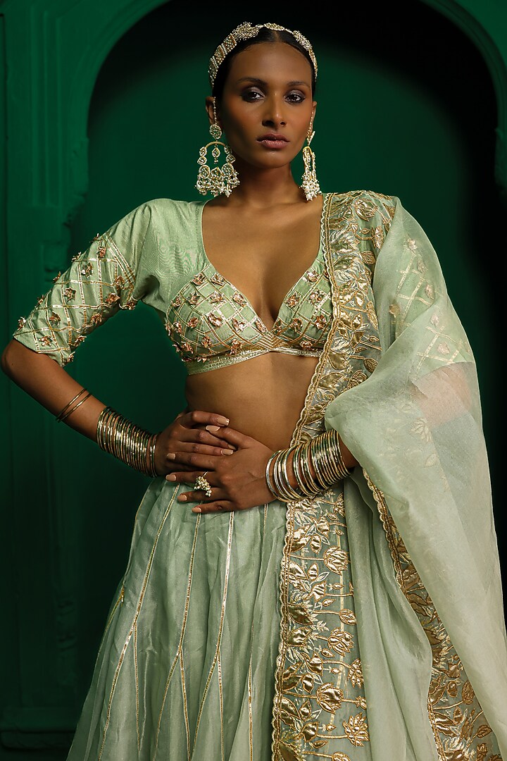 Sage Green Organza Applique Embroidered Wedding Lehenga Set by Charu Makkar at Pernia's Pop Up Shop