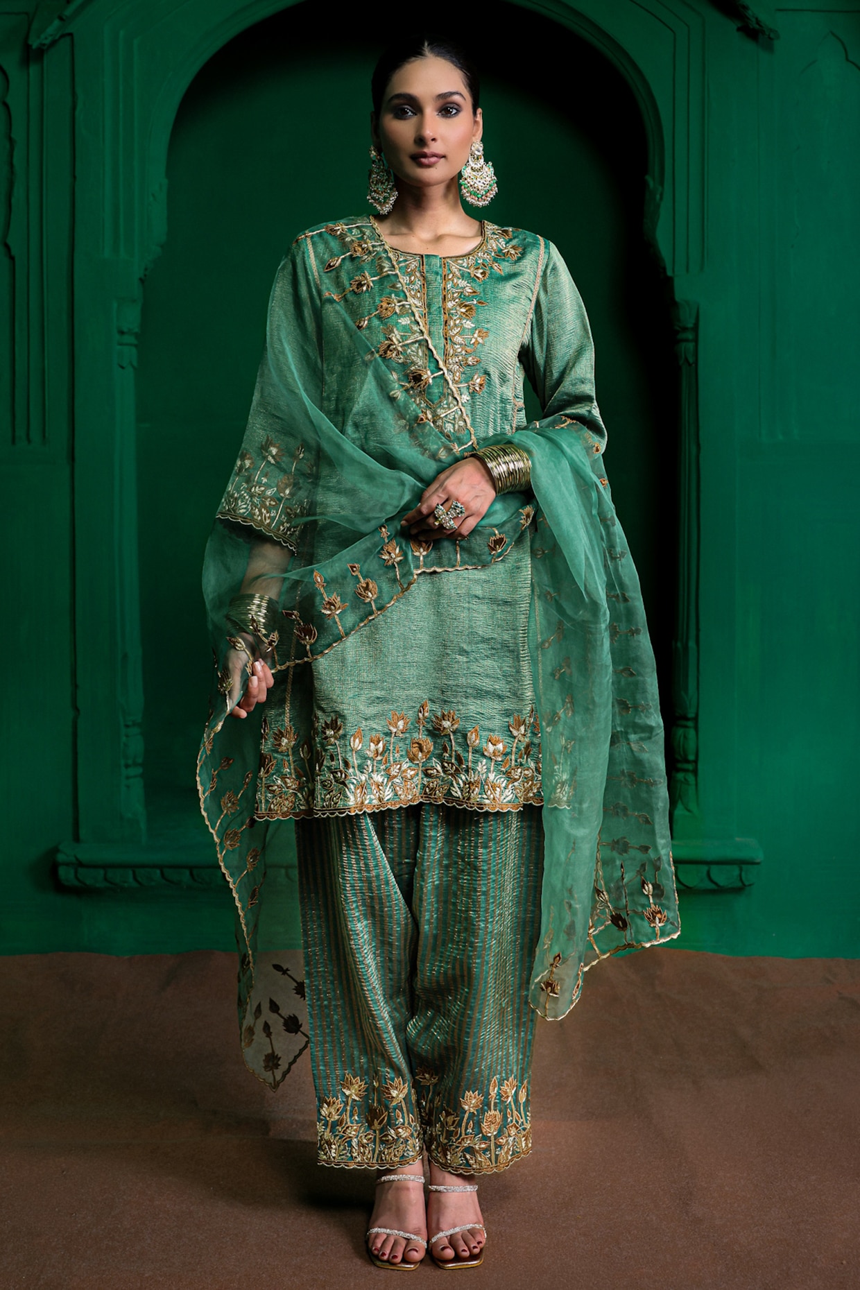Charu Makkar Forest Green Tissue Chanderi Aari Embroidered Kurta Set