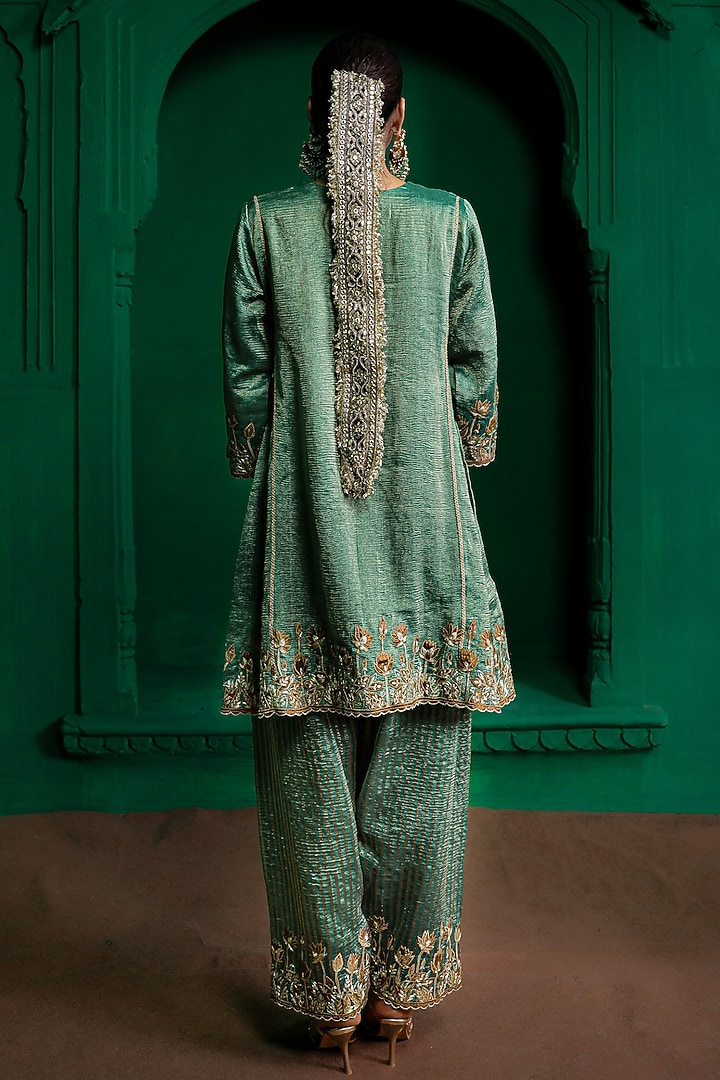 Forest Green Tissue Chanderi Aari Embroidered Kurta Set by Charu Makkar at Pernia's Pop Up Shop