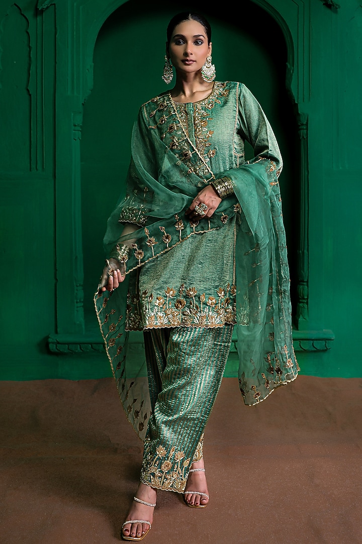 Forest Green Tissue Chanderi Aari Embroidered Kurta Set by Charu Makkar at Pernia's Pop Up Shop