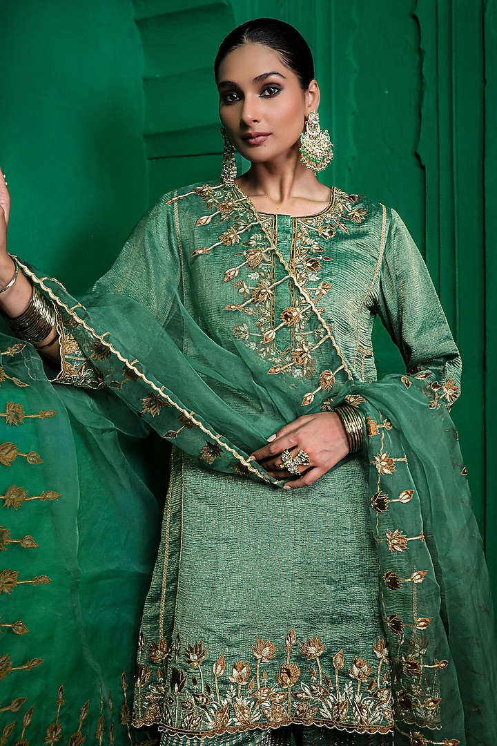 Forest Green Tissue Chanderi Aari Embroidered Kurta Set by Charu Makkar at Pernia's Pop Up Shop