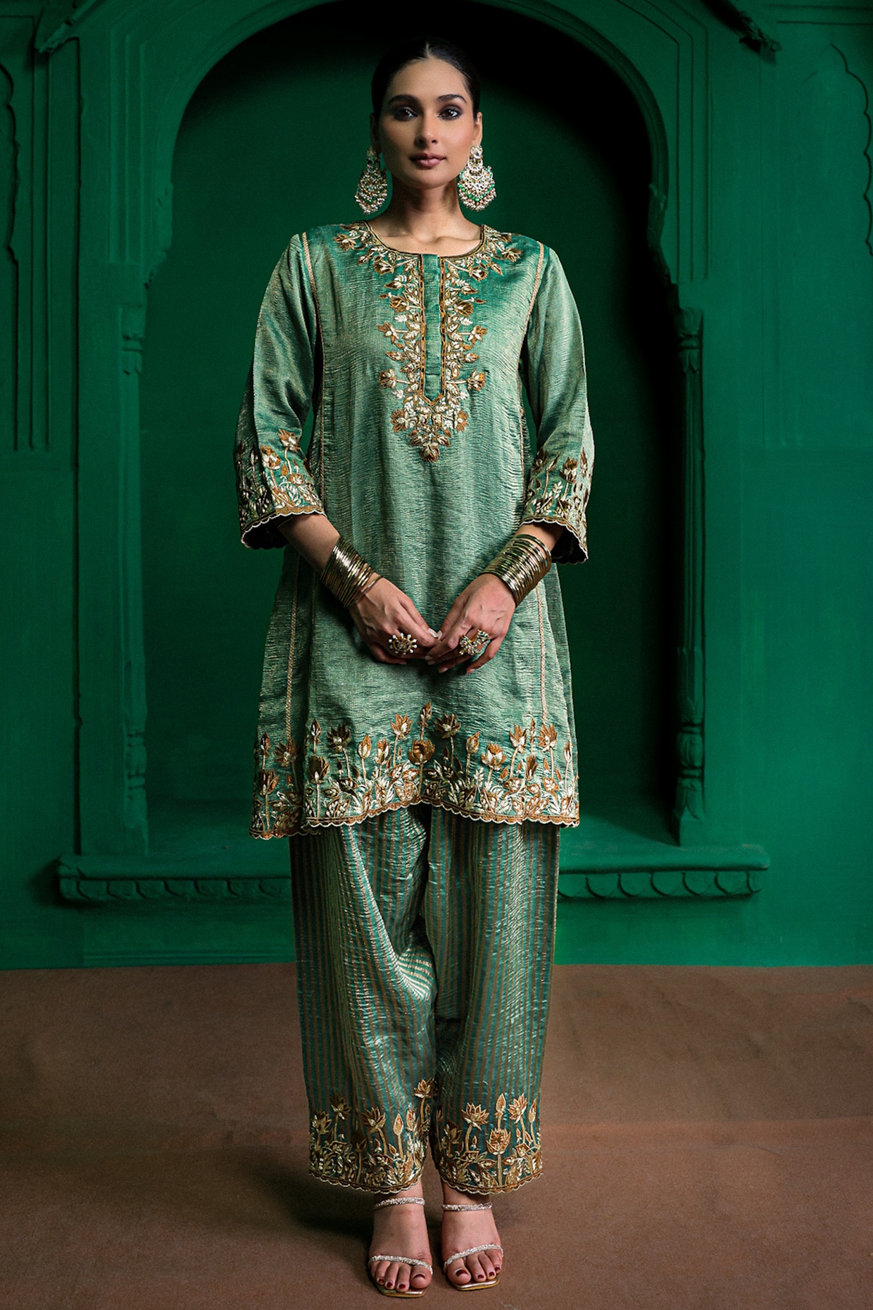 Charu Makkar Forest Green Tissue Chanderi Aari Embroidered Kurta Set