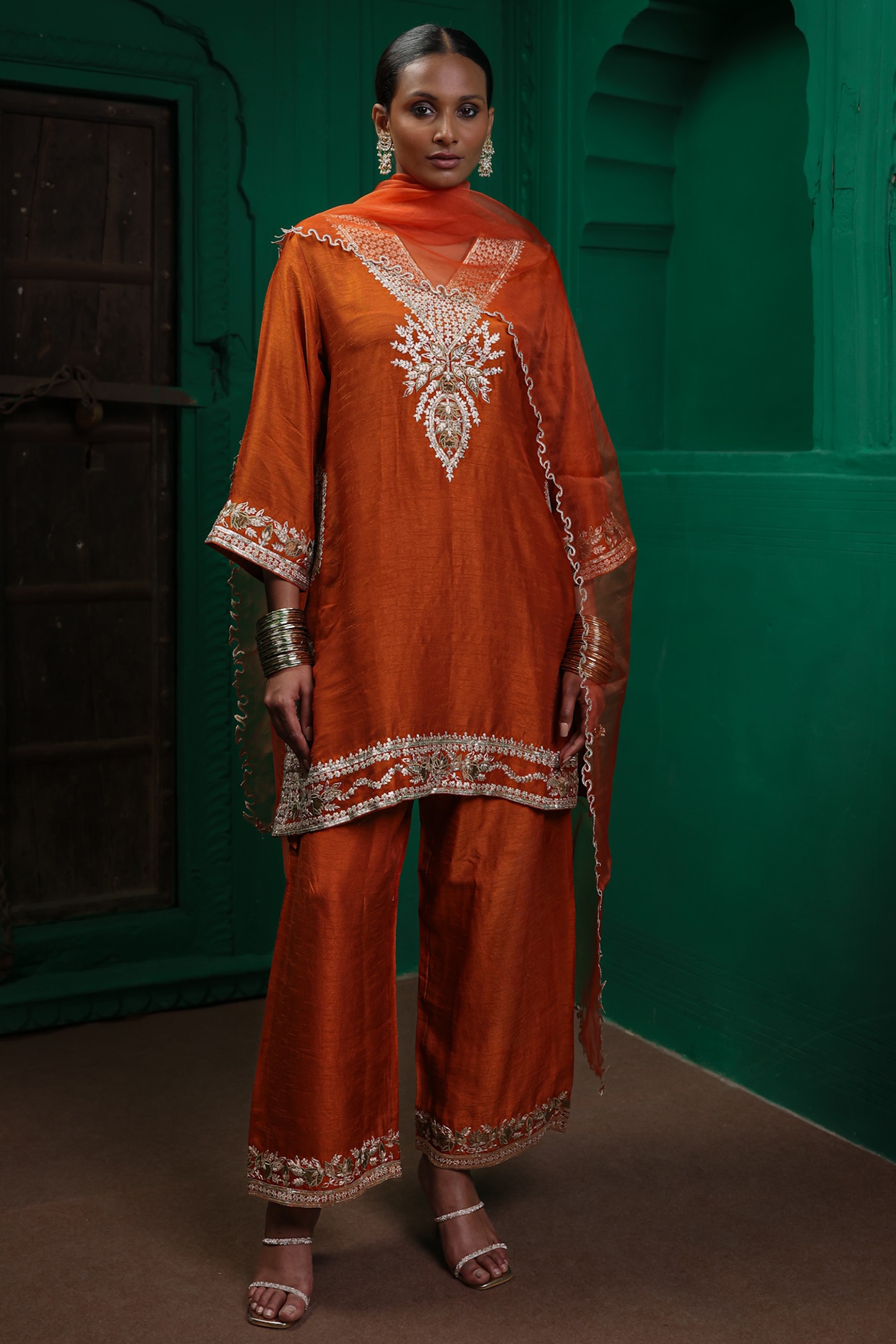 Charu Makkar Rust Orange Slub Raw Silk Applique Embroidered Kurta Set