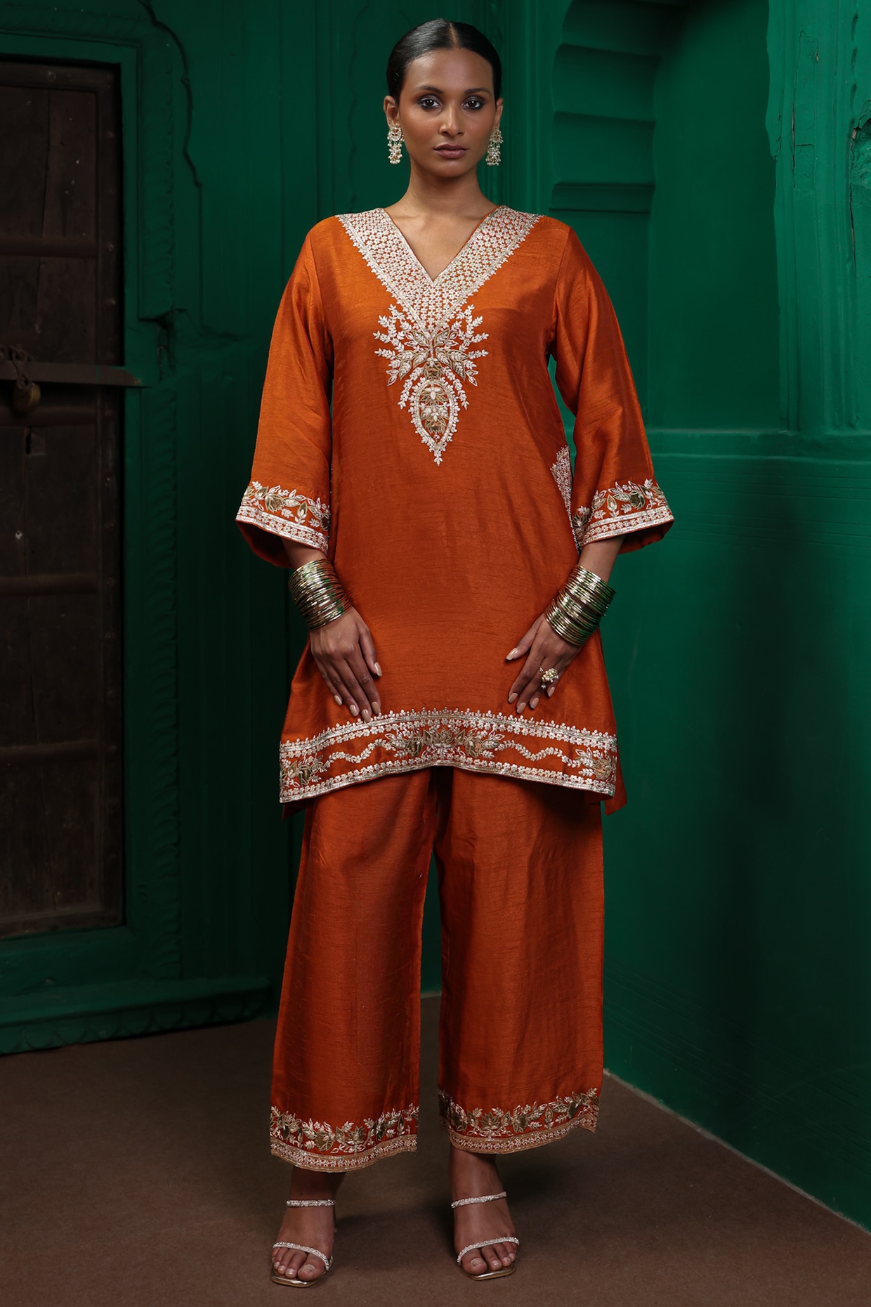 Charu Makkar Rust Orange Slub Raw Silk Applique Embroidered Kurta Set