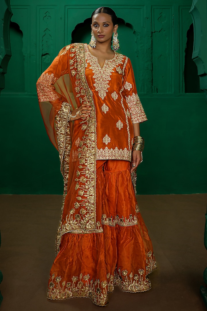 Rust Orange Organza Gharara Set by Charu Makkar at Pernia's Pop Up Shop