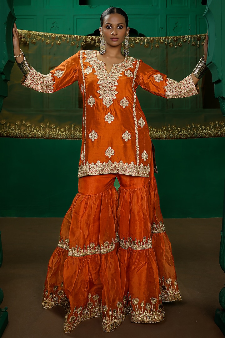 Rust Orange Organza Gharara Set by Charu Makkar at Pernia's Pop Up Shop