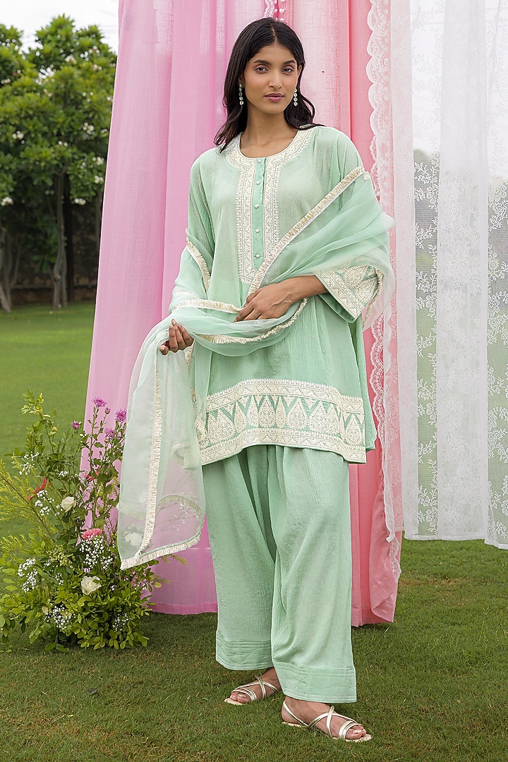 Tea Green Mul Chanderi Dori Work Kurta Set by Charu Makkar at Pernia's Pop Up Shop