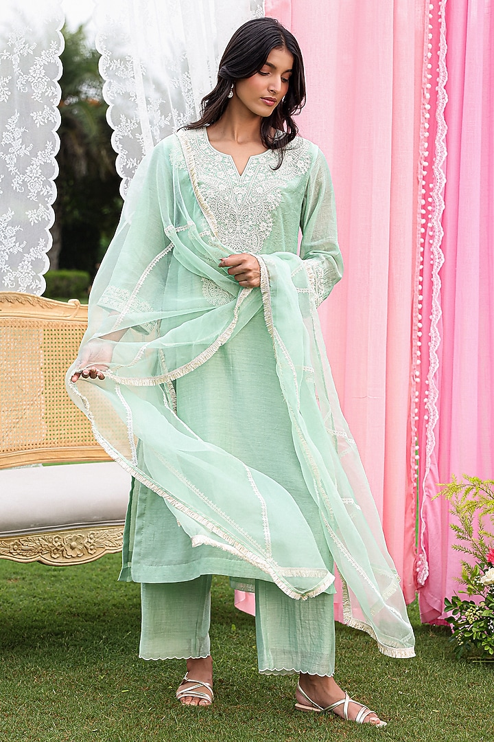 Tea Green Mul Chanderi Dori Work Kurta Set by Charu Makkar at Pernia's Pop Up Shop