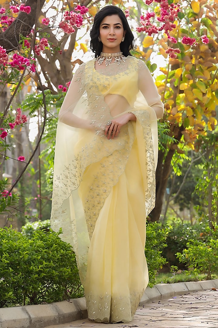 Yellow Pure Silk Organza Saree Set by Charu Makkar