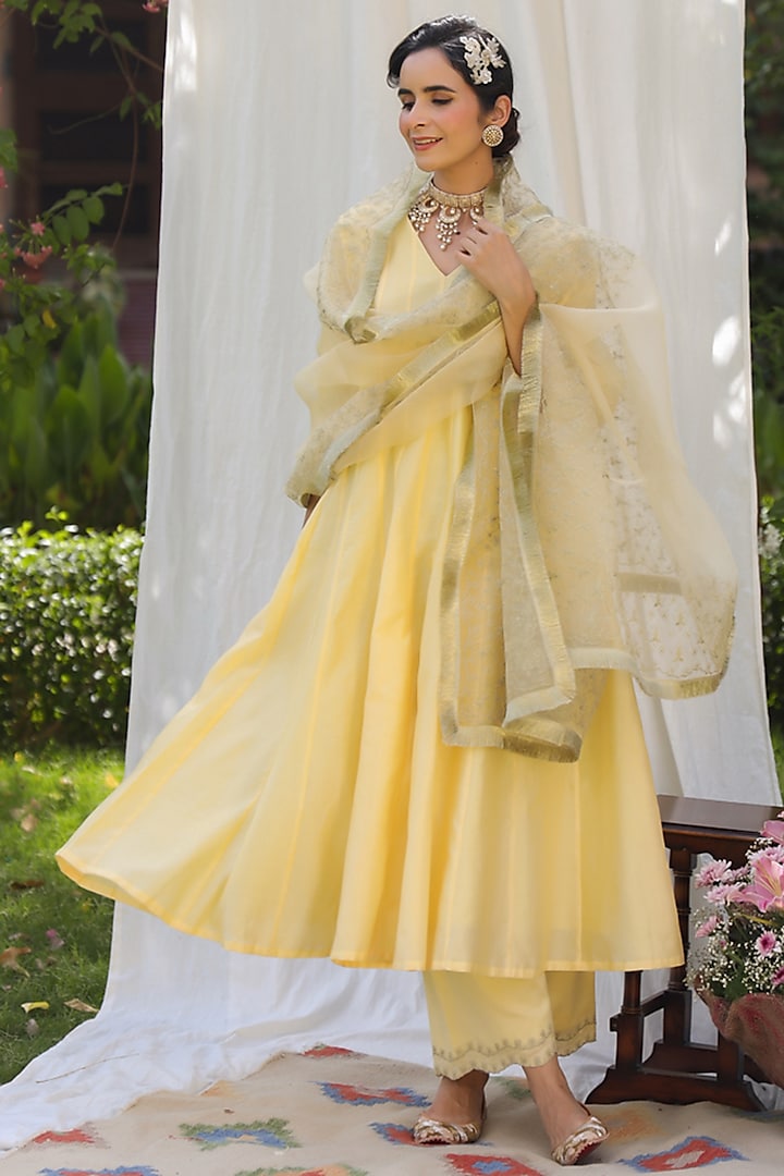 Yellow Silk Chanderi Anarkali Set by Charu Makkar