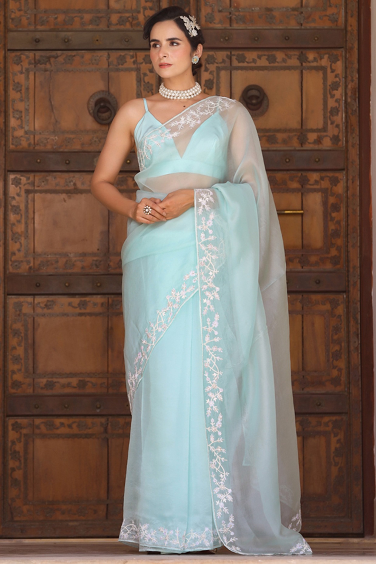 Sky Blue Color Organza Base Heavy Sequins Work Wedding Wear Saree With –  Cygnus Fashion