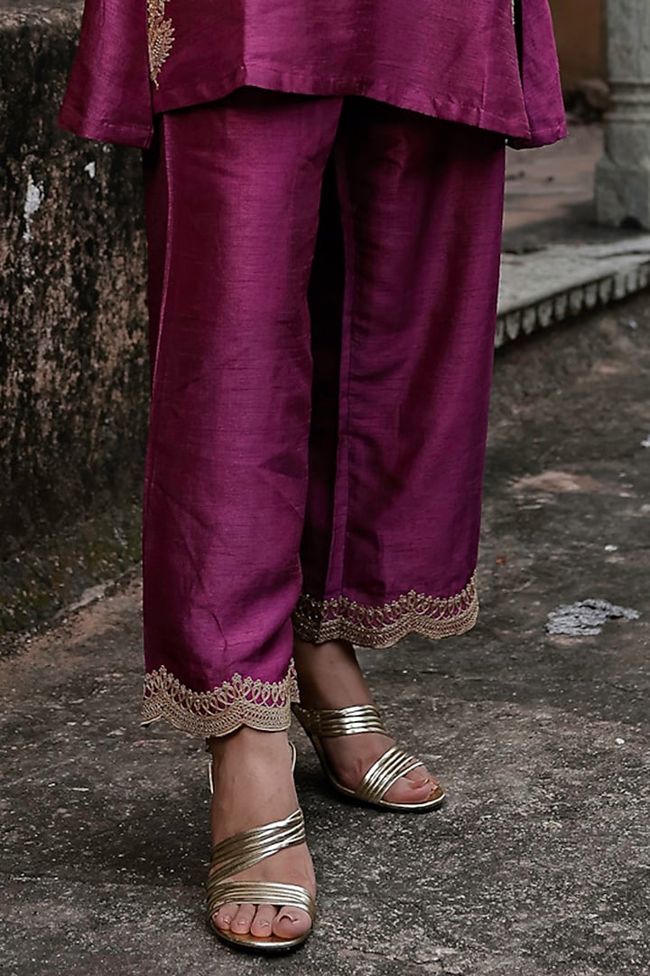 Plum Raw Silk Dori Hand Embroidered Kurta Set by Charu Makkar at Pernia's Pop Up Shop