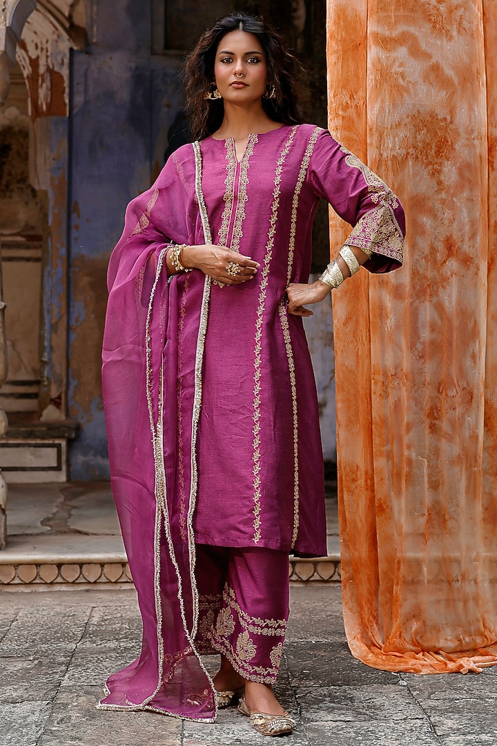 Plum Raw Silk Dori Hand Embroidered Kurta Set by Charu Makkar at Pernia's Pop Up Shop