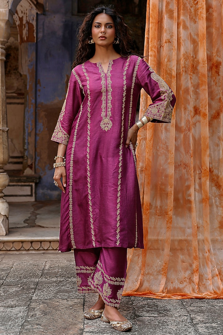 Plum Raw Silk Dori Hand Embroidered Kurta Set by Charu Makkar at Pernia's Pop Up Shop
