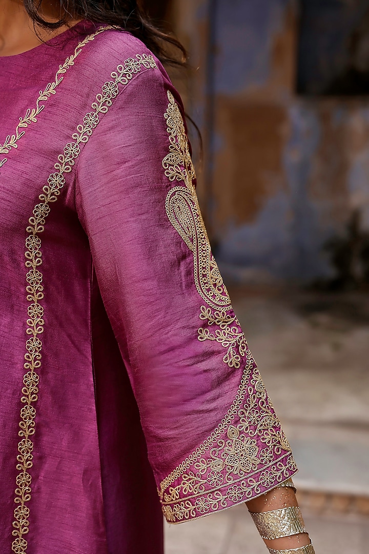 Plum Raw Silk Dori Hand Embroidered Kurta Set by Charu Makkar at Pernia's Pop Up Shop
