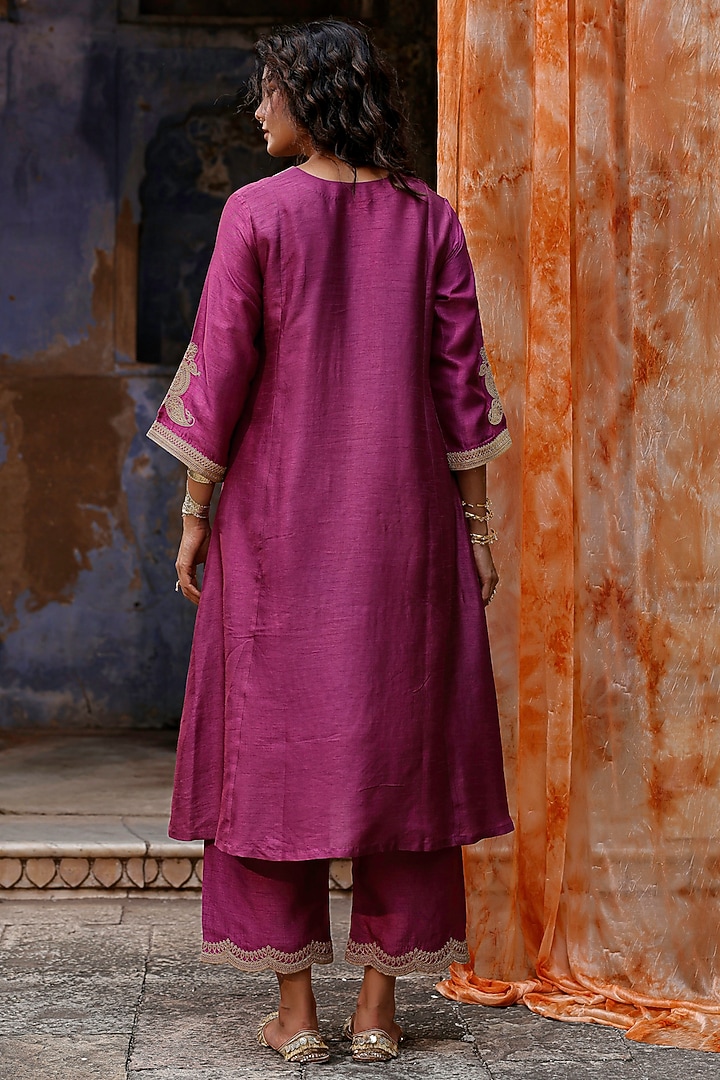 Plum Raw Silk Dori Hand Embroidered Kurta Set by Charu Makkar at Pernia's Pop Up Shop