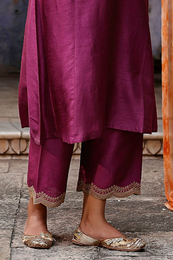 Plum Raw Silk Dori Hand Embroidered Kurta Set by Charu Makkar at Pernia's Pop Up Shop
