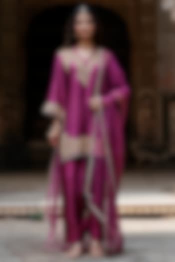 Plum Raw Silk Dori Hand Embroidered Short Kurta Set by Charu Makkar at Pernia's Pop Up Shop