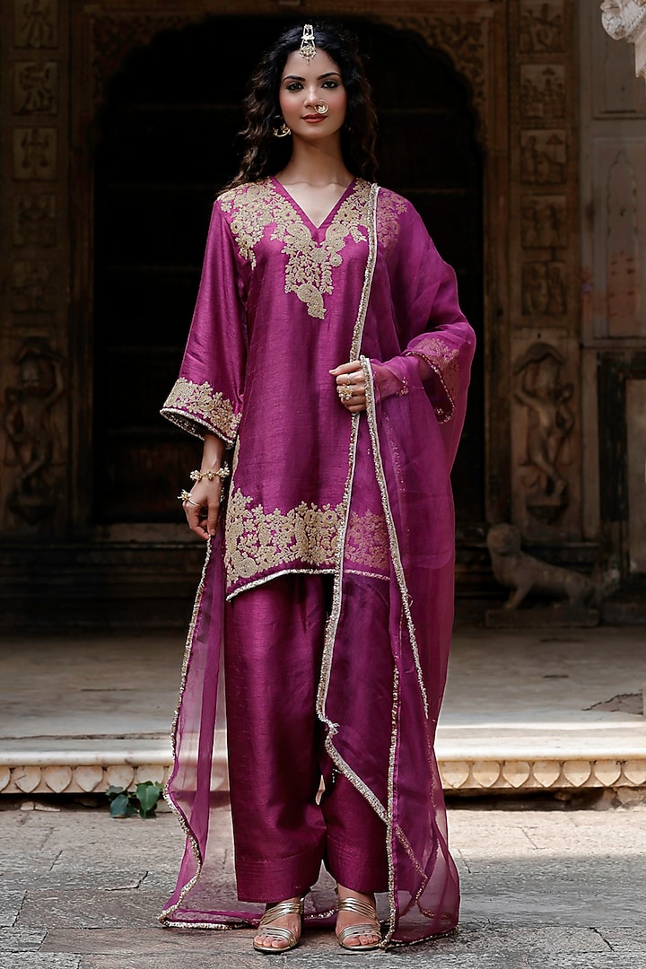 Plum Raw Silk Dori Hand Embroidered Short Kurta Set by Charu Makkar at Pernia's Pop Up Shop