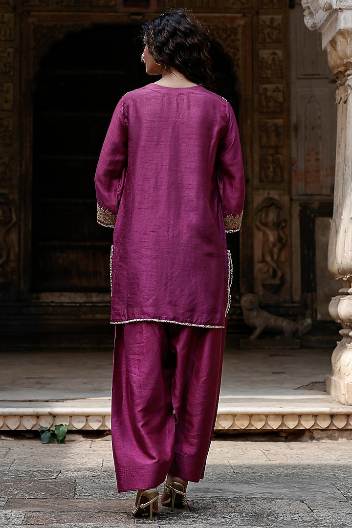 Plum Raw Silk Dori Hand Embroidered Short Kurta Set by Charu Makkar at Pernia's Pop Up Shop