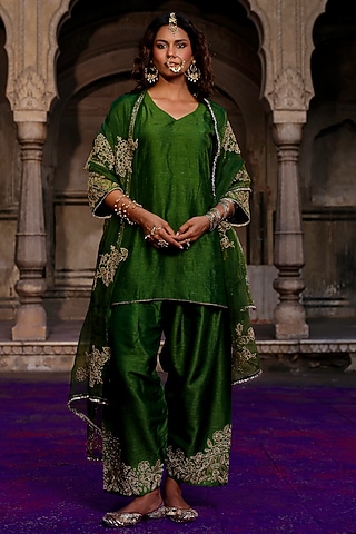 Dark Green Raw Silk Dori Hand Embroidered Kurta Set by Charu Makkar