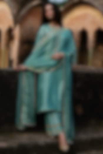 Sage Green Raw Silk Dori Work Kurta Set by Charu Makkar at Pernia's Pop Up Shop