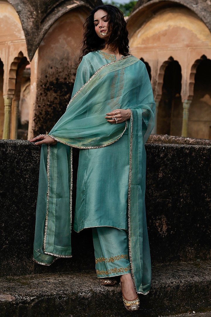 Sage Green Raw Silk Dori Work Kurta Set by Charu Makkar at Pernia's Pop Up Shop