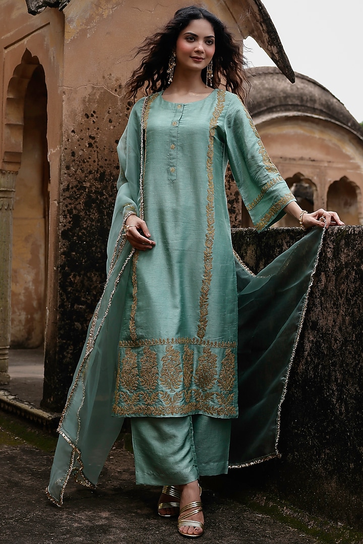 Sage Green Raw Silk Dori Work Kurta Set by Charu Makkar at Pernia's Pop Up Shop