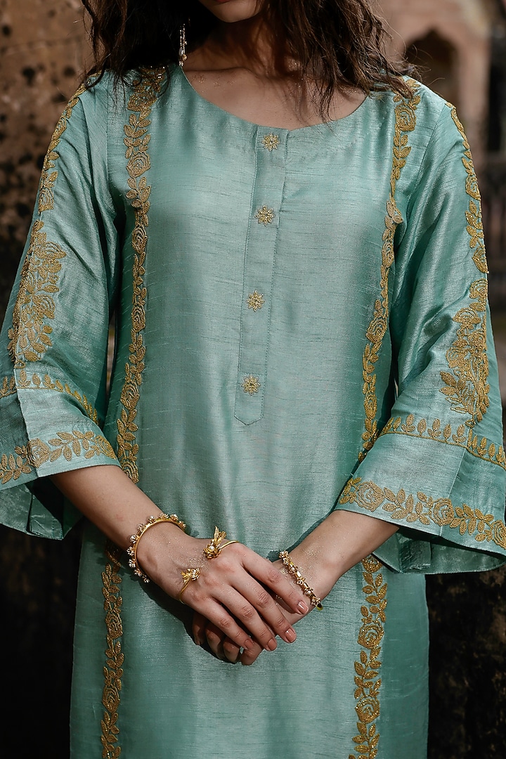 Sage Green Raw Silk Dori Work Kurta Set by Charu Makkar at Pernia's Pop Up Shop