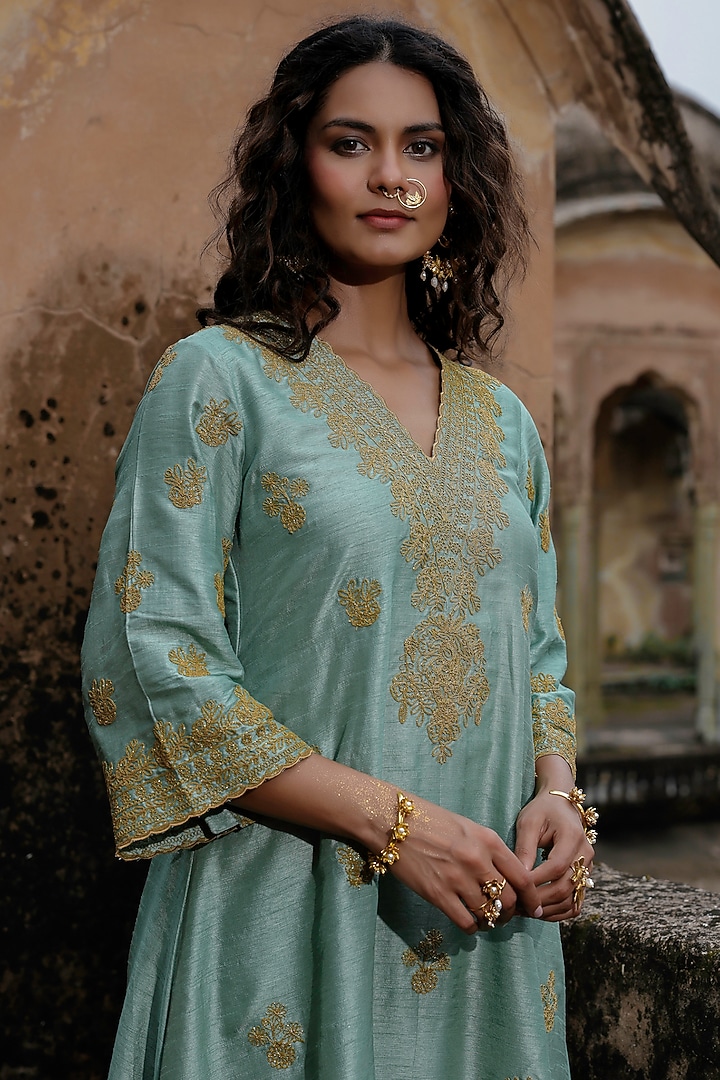 Sage Green Raw Silk Dori Work Kurta Set by Charu Makkar at Pernia's Pop Up Shop