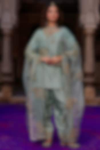 Sage Green Raw Silk Dori Work Kurta Set by Charu Makkar at Pernia's Pop Up Shop