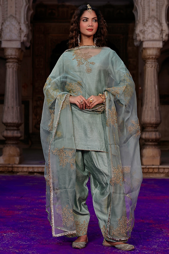 Sage Green Raw Silk Dori Work Kurta Set by Charu Makkar at Pernia's Pop Up Shop