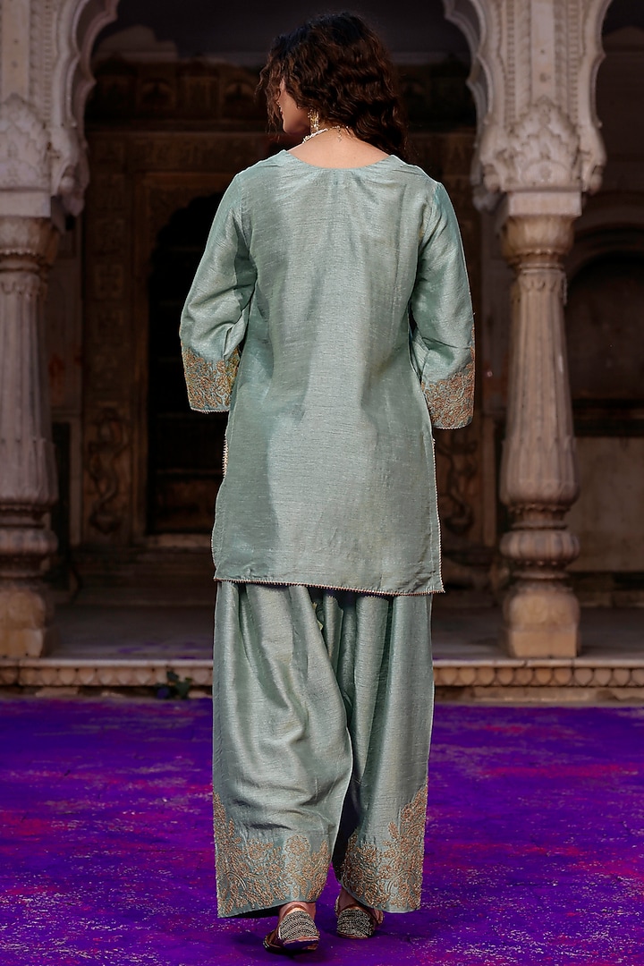 Sage Green Raw Silk Dori Work Kurta Set by Charu Makkar at Pernia's Pop Up Shop