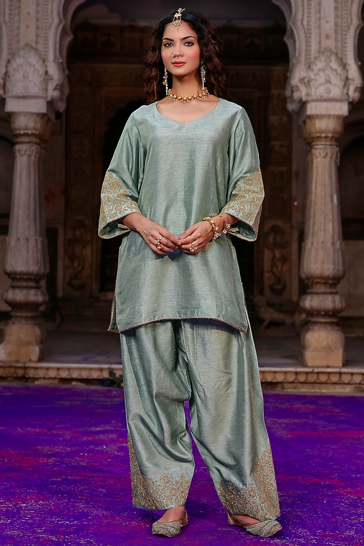 Sage Green Raw Silk Dori Work Kurta Set by Charu Makkar at Pernia's Pop Up Shop