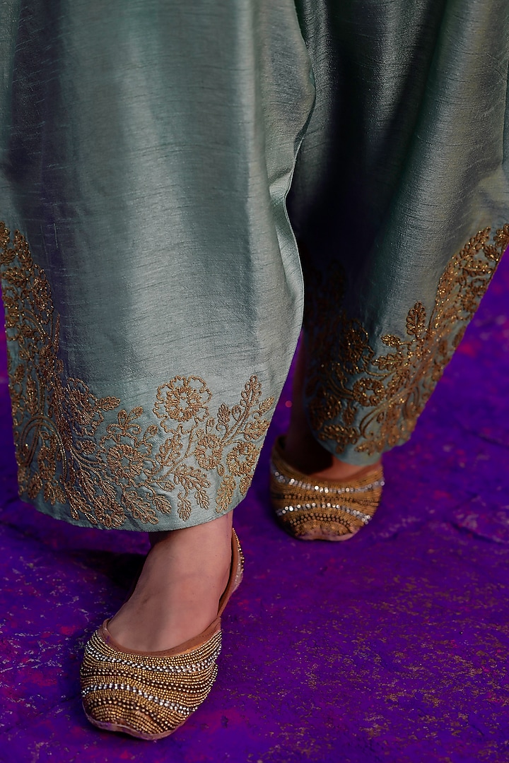 Sage Green Raw Silk Dori Work Kurta Set by Charu Makkar at Pernia's Pop Up Shop