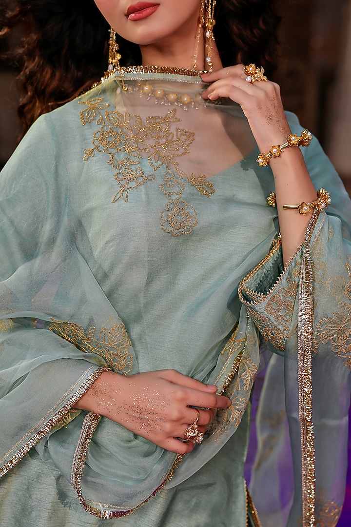 Sage Green Raw Silk Dori Work Kurta Set by Charu Makkar at Pernia's Pop Up Shop