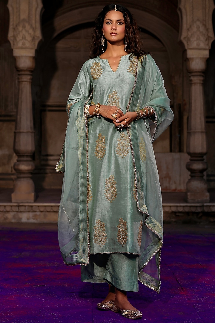 Sage Green Raw Silk Dori Work Kurta Set by Charu Makkar at Pernia's Pop Up Shop