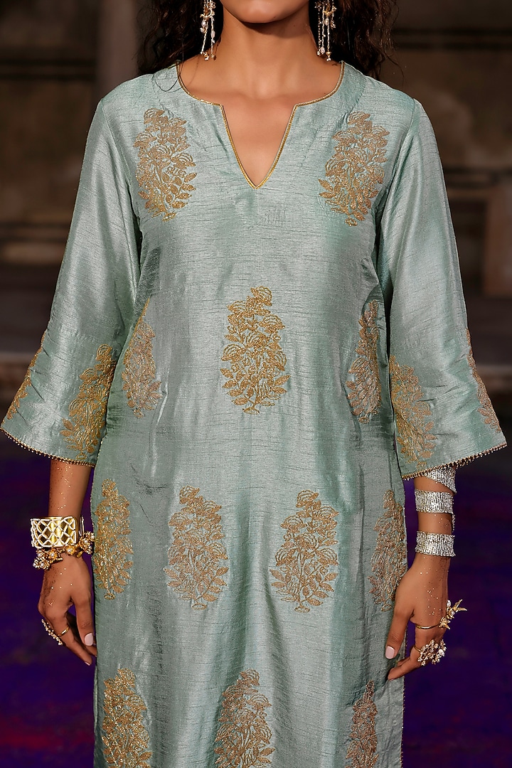 Sage Green Raw Silk Dori Work Kurta Set by Charu Makkar at Pernia's Pop Up Shop