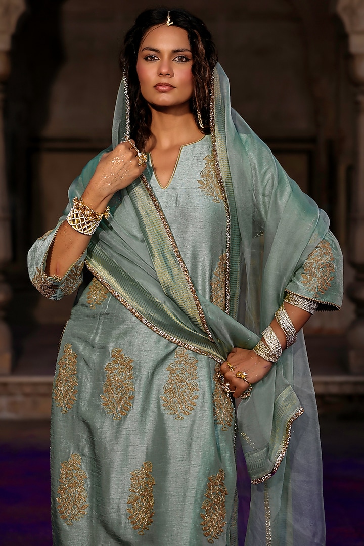 Sage Green Raw Silk Dori Work Kurta Set by Charu Makkar at Pernia's Pop Up Shop