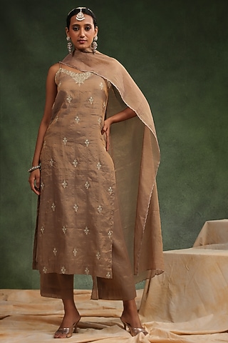 Mouse Brown Tissue Chanderi Kurta Set by Charu Makkar