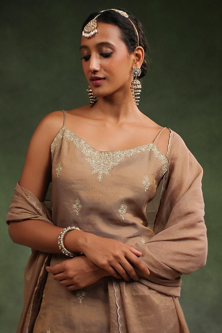 Mouse Brown Tissue Chanderi Kurta Set by Charu Makkar at Pernia's Pop Up Shop