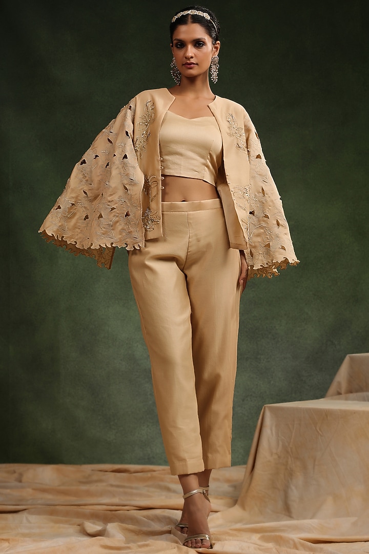 Beige Silk Chanderi Jacket Set by Charu Makkar at Pernia's Pop Up Shop