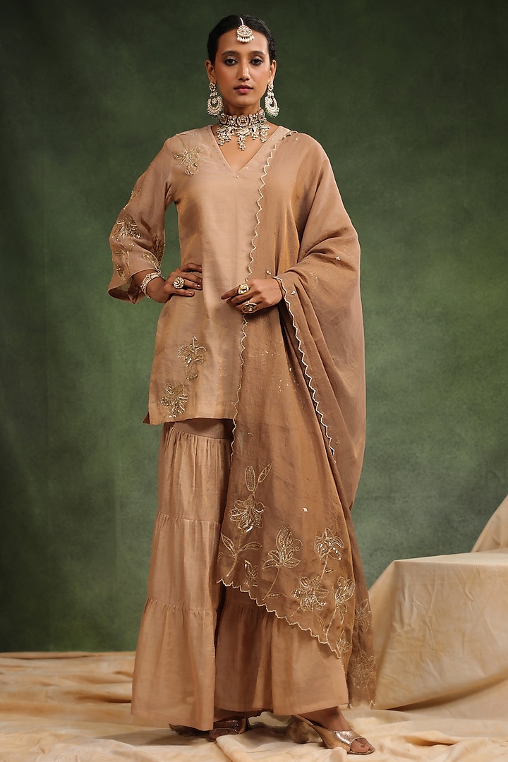 Peachish Brown Tissue Chanderi Handwork Gharara Set by Charu Makkar at Pernia's Pop Up Shop