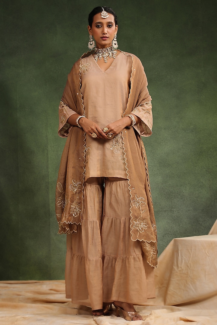 Peachish Brown Tissue Chanderi Handwork Gharara Set by Charu Makkar at Pernia's Pop Up Shop