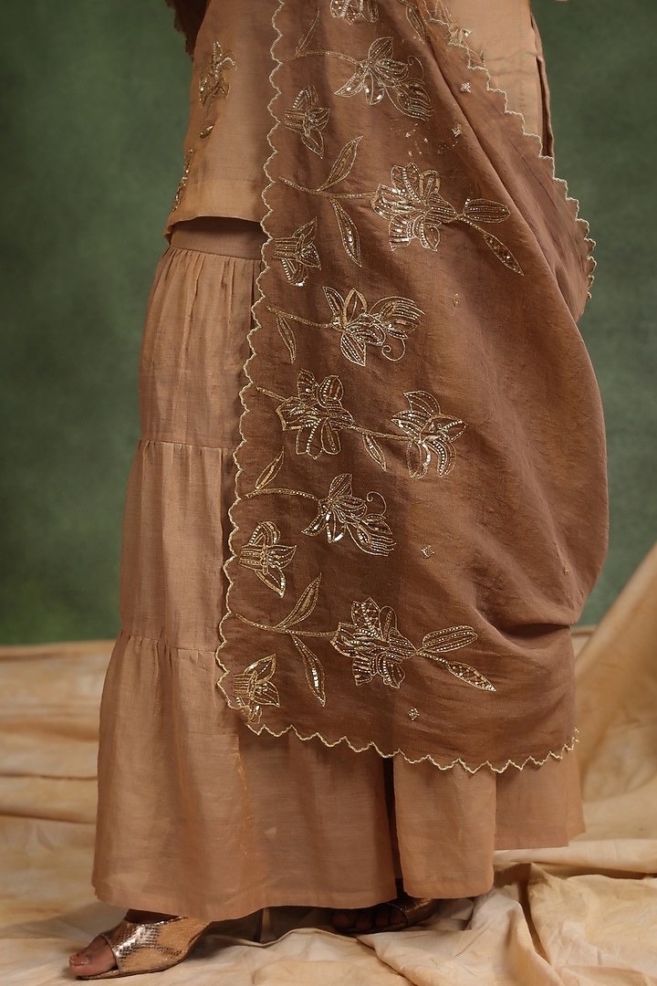 Peachish Brown Tissue Chanderi Handwork Gharara Set by Charu Makkar at Pernia's Pop Up Shop