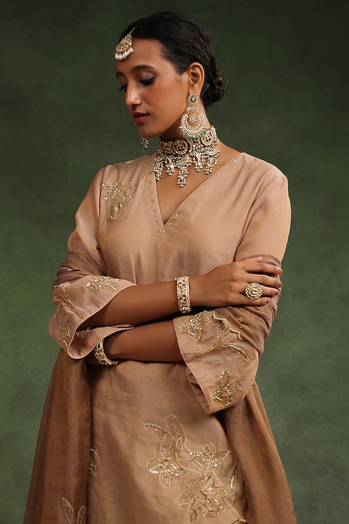 Peachish Brown Tissue Chanderi Handwork Gharara Set by Charu Makkar at Pernia's Pop Up Shop