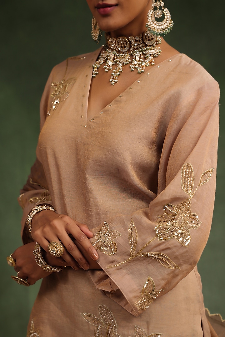 Peachish Brown Tissue Chanderi Handwork Gharara Set by Charu Makkar at Pernia's Pop Up Shop