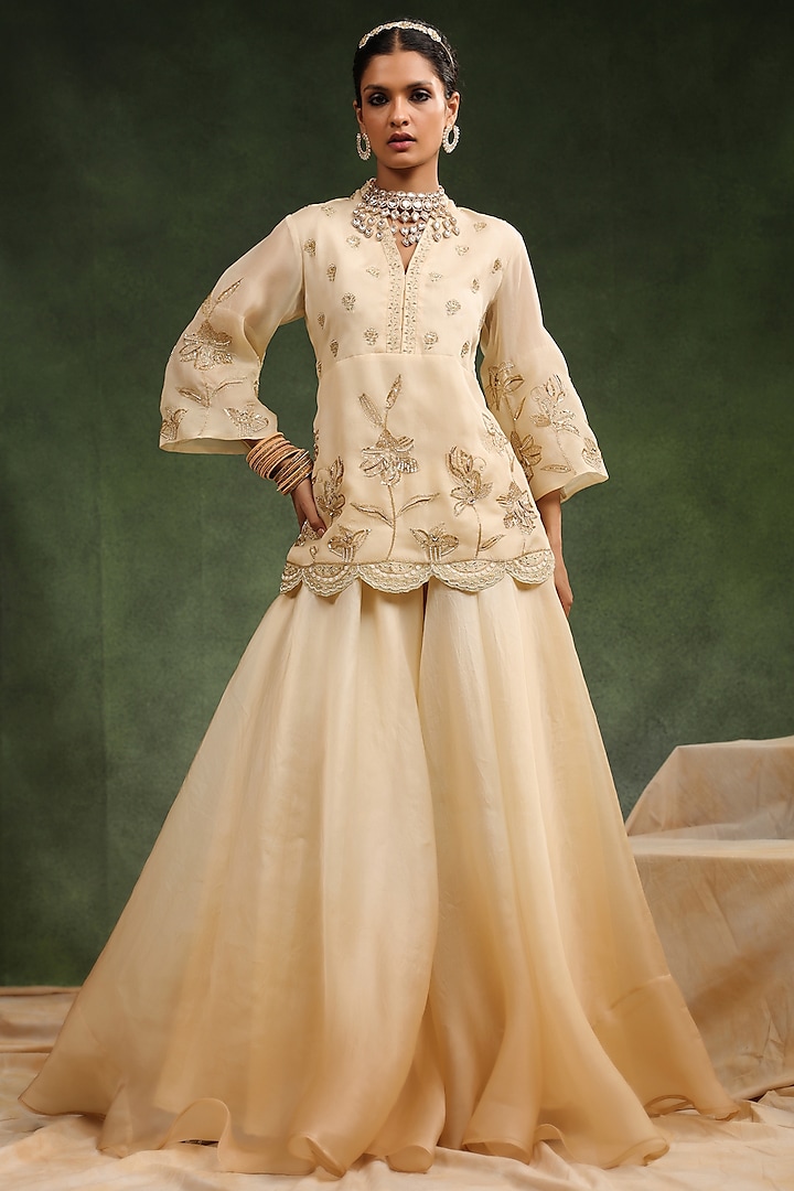 Beige Satin Organza Handwork Sharara Set by Charu Makkar at Pernia's Pop Up Shop